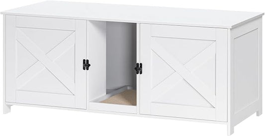 MAHANCRIS Cat Litter Box Enclosure for 2 Cats, 47.2" Hidden Litter Box Furniture with Double Room, Wooden Cats Washroom with Scratching Board, Indoor Cats House End Table, White CWWT1201