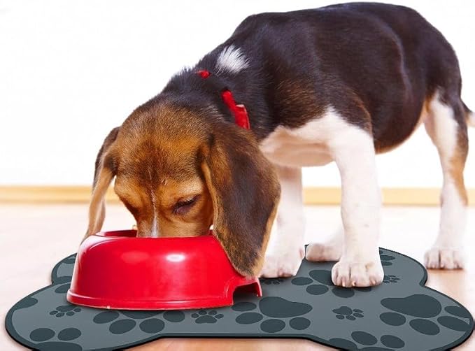 Dog Food Mats for Floors Waterproof, Pet Feeding Absorbent Water Bowl Mat Cat Placemats Gray Bone Shape 19 * 12 inch