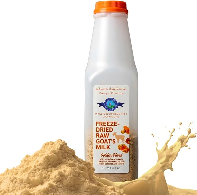 Shepherd Boy Farms Freeze Dried Raw Goats Milk with Probiotics for Dogs & Cats (Golden Blend), Organic USA Veggies & Fruits, High Protein, Digestible Goat Milk Powder, Food Toppers - Makes 32 FL OZ