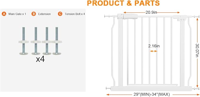 HOOEN 29-34 Inch Wide Baby Gate for Stairs Doorways Metal Indoor Dog Gates Pressure Mounted Walk Through Safety Gates Child Gates for Kids or Pets (29"-34")