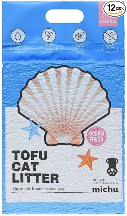 Michu Tofu Cat Litter Natural Clumping Tofu Cat Litter, Fast Clumping and Easily Scoop-able 5.5lb/88oz 5 Scents - Ocean Fresh, 12 Pack