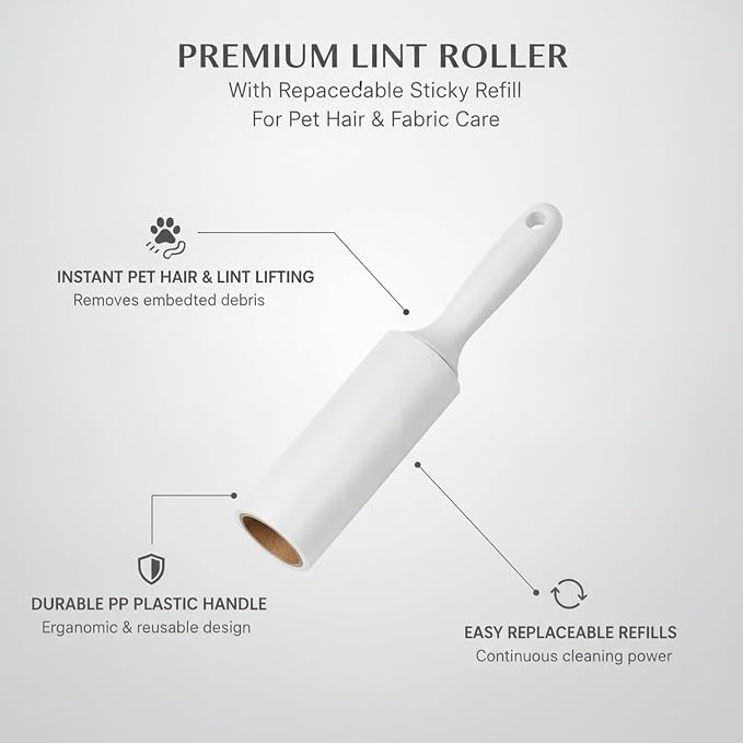 Lint Roller with Replaceable Sticky Refill, PP Plastic Handle for Pet Hair and Lint Removal from Clothing and Furniture