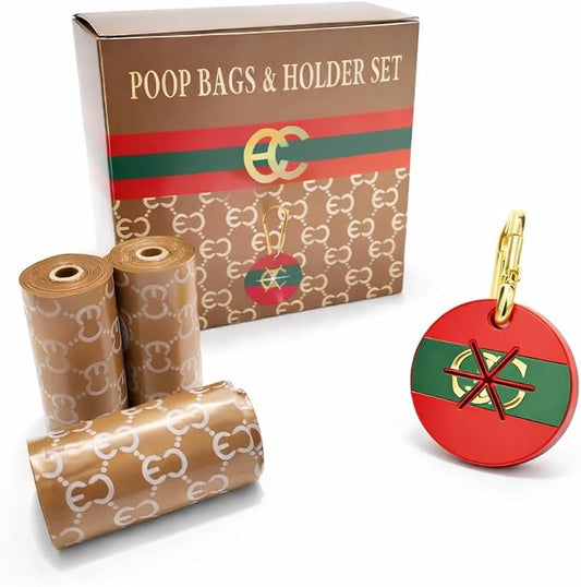 Everything Chic Designer Luxury Dog Poop Bags & Silicone Used Waste Bag Holder Set – Leak Proof Thick Durable Dog Waste Bags Refill Rolls, Easy-Tear Pet Waste Pickup Bags (GucchewiWasteBags, 240 Bags)