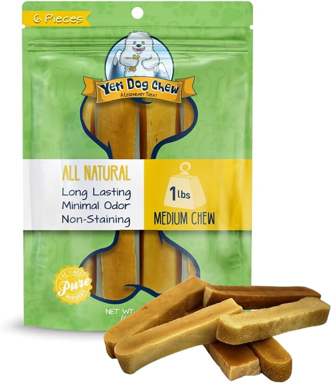 Yeti Dog Chew - Yak Cheese Himalayan - Healthy Long Lasting - Yak Chews for Large, Medium and Small Dogs - Yak Bones for Dogs - Natural Yak Cheese - Medium, 6 Pieces, 1lb