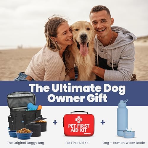 Rubyloo Original Doggy Bag (Charcoal) & 32oz Insulated Water Bottle with Attached 8oz Bowl (Rescued is My Favorite Breed) – Dog Travel Bag & Hydration Set