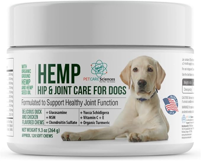 Hemp Dog Hip and Joint Supplement with Glucosamine Chondroitin MSM, Turmeric for Dogs, Calming Chew for Stress and Anxiety, 120 Soft Chews, Chicken Flavor, Made in USA