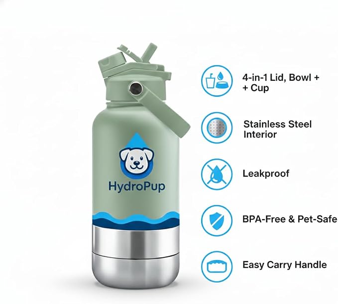 Dog Water Bottle for Walking and Hiking, 32 oz with Bowl Stays Cold