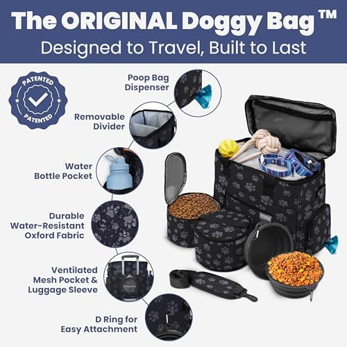 Rubyloo Original Doggy Bag (Paw Print) & 32oz Insulated Water Bottle with Attached 8oz Bowl (Life is Better with Dogs) – Dog Travel Bag & Hydration Set