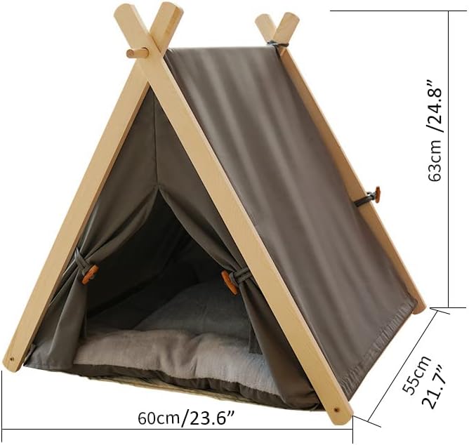 Solid Wood Cat Indoor Tent with Thick Mat,Portable Dog House Dog Teepee Tent,Cute Cat Teepee Cave Cat Bed,Dog Bed (Grey)