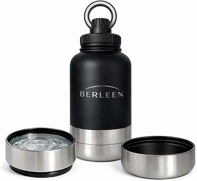 BERLEEN 3-in-1 32 oz Insulated Dog Water Bottle with Magnetic Lid, Bottle with Detachable Stainless Steel Bowls – Portable Travel Water & Food Container for Dogs, Leakproof, Ideal for Walking (Black)