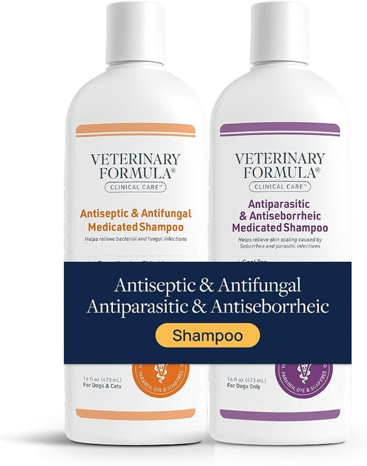 Veterinary Formula Clinical Care Antiseptic and Antifungal Shampoo Plus Antiparasitic and Antiseborrheic Shampoo for Dogs Bundle, Help Support Itchy Flaky or Oily Skin, 2 Pack 16 fl oz Each