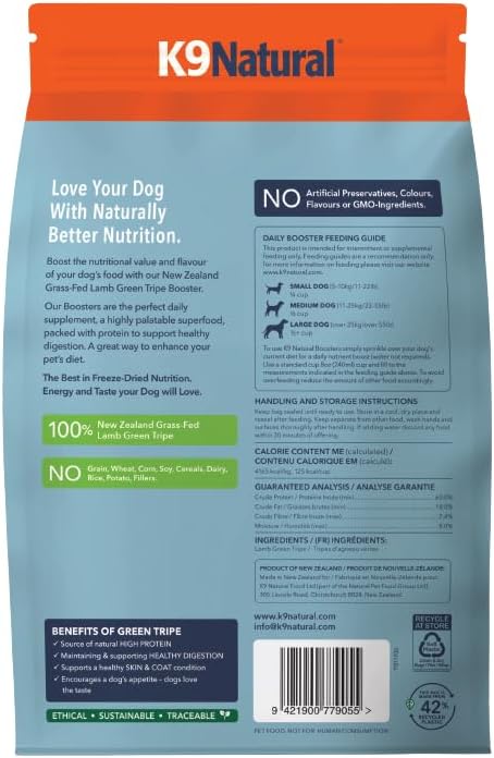 K9 Natural Freeze Dried Dog Food Topper with Verified Ingredients, Organ Meat Blend for Digestive Support, Human-Grade Freeze Dried Puppy Food & Dog Topping, Lamb Green Tripe, 7oz