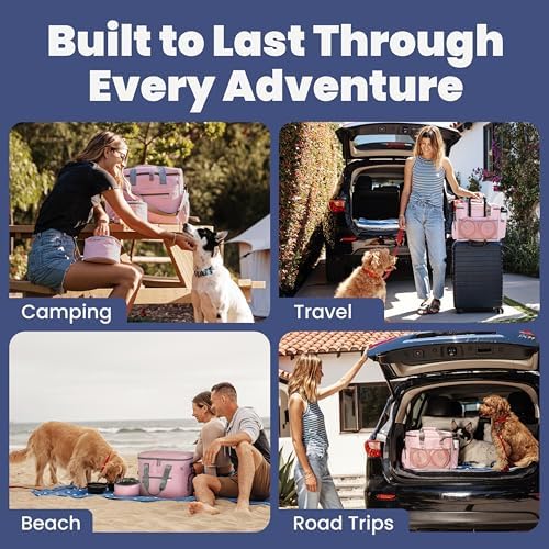 Rubyloo Original Doggy Bag (Pink) & 32oz Insulated Water Bottle with Attached 8oz Bowl (Life is Better with Dogs) – Dog Travel Bag & Hydration Set