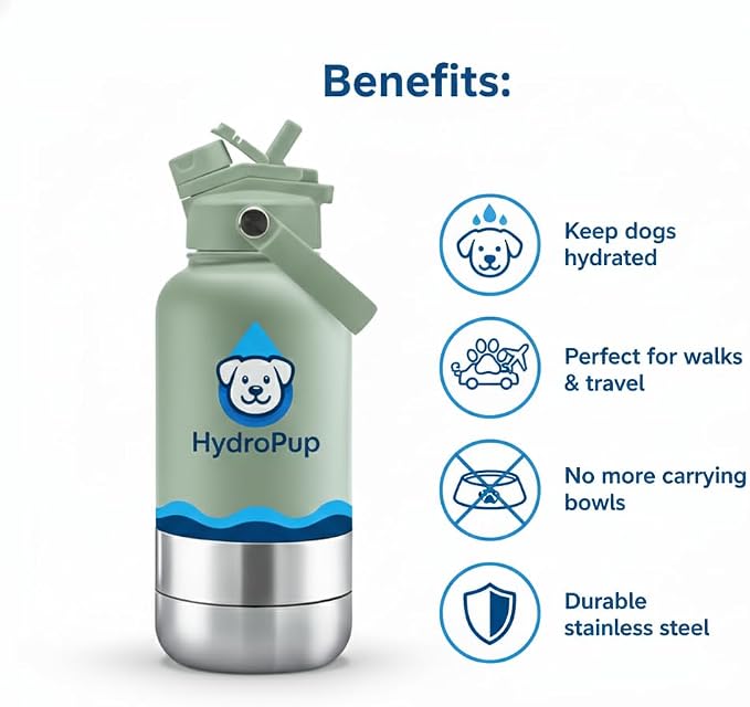 Dog Water Bottle for Walking and Hiking, 32 oz with Bowl Stays Cold