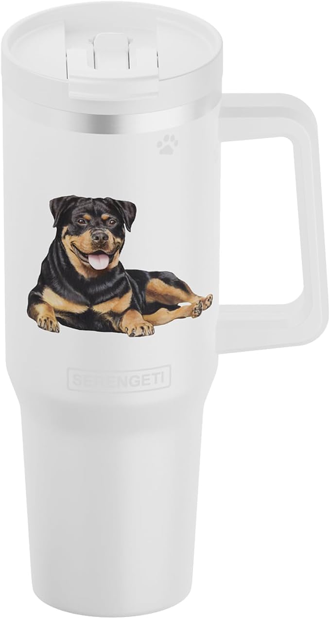 SERENGETI 40 Oz Ultimate Tumbler with Handle and Straw - Vacuum Insulated Tumbler with Straw and Lid - Stainless Steel Travel Mug for Pet Lovers - 3D Designs of your favorite Dog (Rottweiler)