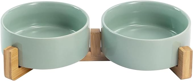 SPUNKYJUNKY Ceramic Dog and Cat Bowl Set with Wooden Stand, Modern Cute Weighted Food Water Set for Small Size Dogs (13.5OZ) & Medium Sized Dogs (28.7OZ) & Cats (1.7 Cups, 2 × Morandi Green)