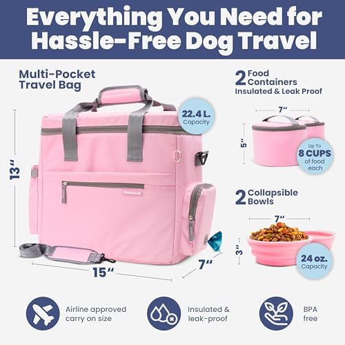 Rubyloo Original Doggy Bag (Pink) & 32oz Insulated Water Bottle with Attached 8oz Bowl (Life is Better with Dogs) – Dog Travel Bag & Hydration Set