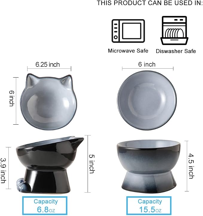 Nihow Elevated Cat/Dog Bowls Set : 6.2 Inch Ceramic Raised Cat Food & Water Bowl Set for Protecting Pet's Spine - Feeding & Watering Supplies for Cat/Small Size Dog - Elegant Gray(2PC)