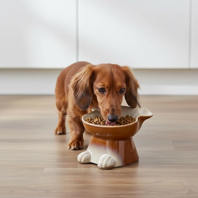 Nihow Elevated Ceramic Dog Bowls: 6.5 Inch Raised Dog Bowl for Food & Water - Food Safe Bowl for Medium/Small Size Dogs - Brown Puppy Bowls for Protecting Pet's Spine（1 PC）