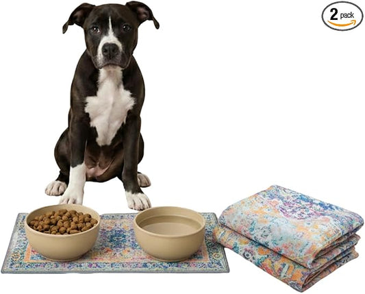 Lovewag Pets Waterproof 2-Pack Pet Feeding Mats - 16" x 24" Premium Cat & Dog Food Mat - Non-Slip, Machine Washable Mat Protects Floors & Contains Water Bowl Spills - Place Mats (Marmalade Sunshine)