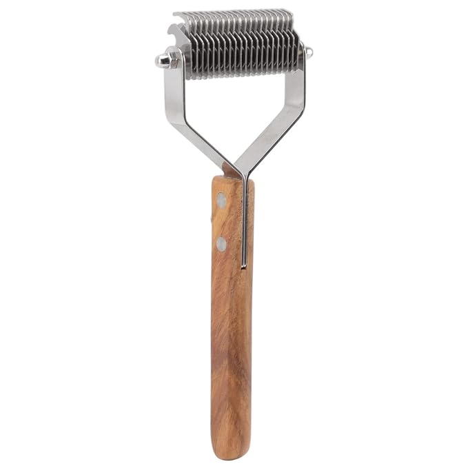 Pet Undercoat Rake, Dog Hair Shedding Brush, Double Row Stainless Steel Deshedding Tool with Wood Handle for Cat Puppy Grooming, Knots Removal and Massage