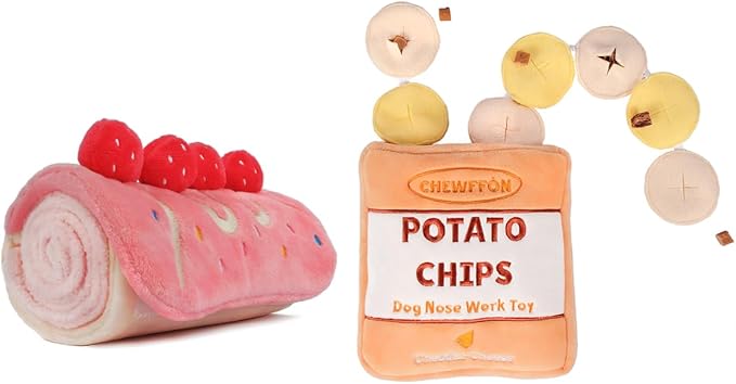 CHEWFFON Dog Enrichment Puzzle Bundle: Interactive Birthday Cake, Slow Feeding Crinkle Gift Nose Work Potato Chips Puzzle Toys for Small, Medium, & Large Dogs (Includes Level 2 Stimulating Treats)
