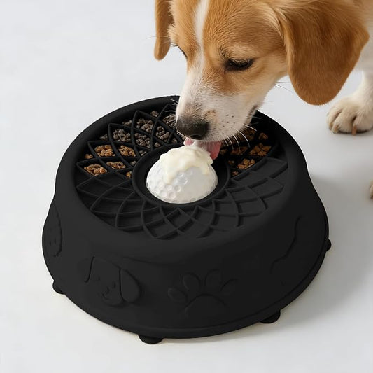 Slow Feeder Dog Bowl with Rolling Ball, No Spill Silicone Pet Lick Bowl for Dogs and Cats, Anti Slip Suction Base, Interactive Pet Feeder for Slower Eating and Cleaner Mealtime (Black)