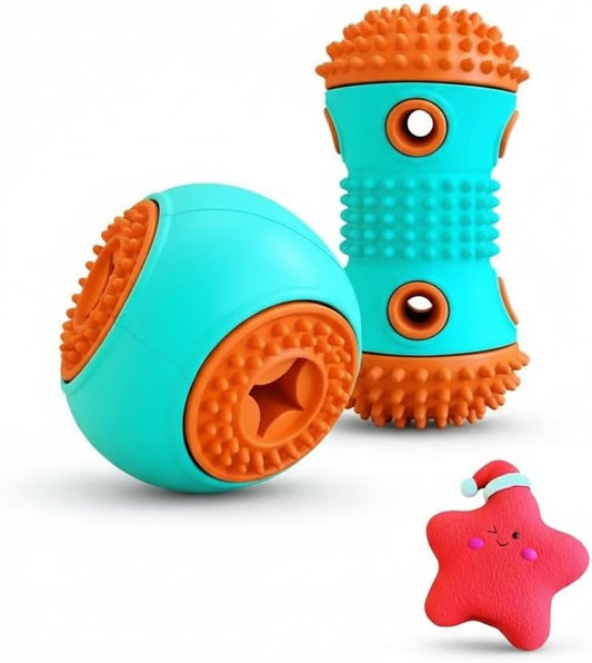 Dog Chew Toys 3 Pack, Squeaky Toy, Treat Dispensing Slow Feeder for Large and Medium Dog, Multifunctional Teeth Cleaning and Gum Massage (Dumbbell-Ball-Star)