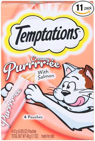 Temptations Creamy Puree Squeezable Lickable Cat Treats, Wet Cat Treats with Salmon, 0.42 oz. Tubes, 4 Count, Pack of 11 (44 Total)