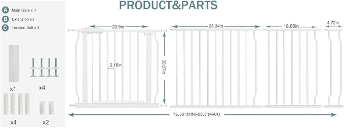 Extra Wide Baby Gate 81.1-86.3 Inch, Pressure Mounted Pet Gates No Drilling for Stairs & Doorways, Metal White Indoor Safety Gate for Kids and Dogs