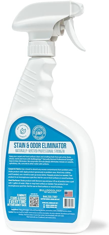 Bulldogology Bio-Enzymatic Pet Stain & Odor Remover - Pet Carpet Enzyme Cleaner for Cat and Dog Pee, Pet Stain Remover for Carpet and Floors, Dog Stain Remover and Odor Neutralizer (32 oz)