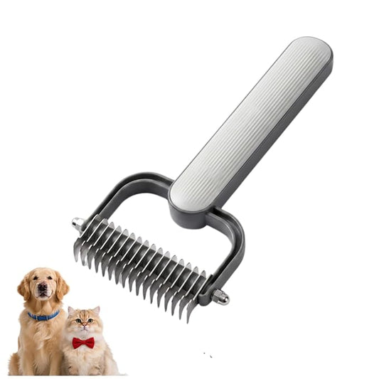 Double Sided Dematting Comb for Dogs & Cats, Undercoat Rake Pet Brush for Long Hair, Deshedding Dog Brush Removes Tangles Knots and Loose Fur, Pet Grooming Tool (Grey)