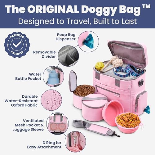 Rubyloo Original Doggy Bag (Pink) & 32oz Insulated Water Bottle with Attached 8oz Bowl (Life is Better with Dogs) – Dog Travel Bag & Hydration Set