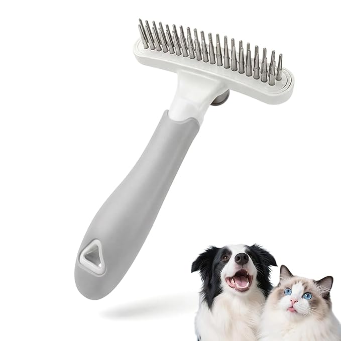 Double Sided Deshedding Dog Brush, 2026 New Undercoat Rake & Dematting Comb for Dogs and Cats, Pet Grooming Brush for Shedding, Stainless Steel Detangling Tool for Long Thick Coats (grey)