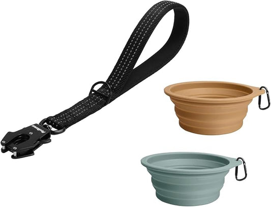 PetBonus Heavy Duty 12 Inch Short Dog Leash and 2-Pack Large Silicone Collapsible Dog Bowls