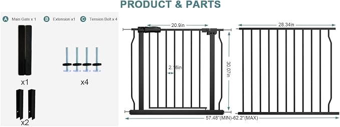 Extra Wide Baby Gate 57.48-62.2 Inch Tension Indoor Safety Gates or Stairs & Doorways,Black Metal Large Pressure Mount Pet Gate,Walk Through Dog Gate