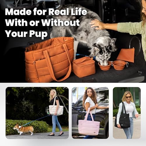 Rubyloo Dog Mom Essentials Bundle - Puffer Tote with Storage Containers (Black) and 32 oz Water Bottle with Detachable Bowl (Dog Mom) - Travel Bag and Hydration Set