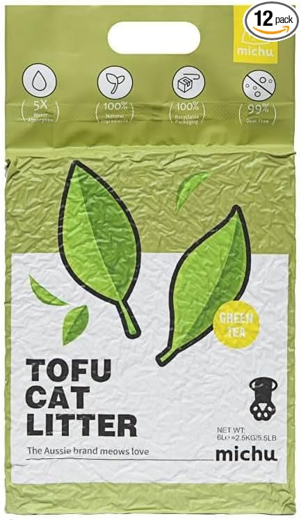 Michu Tofu Cat Litter Natural Clumping Tofu Cat Litter, Fast Clumping and Easily Scoop-able 5.5lb/88oz 5 Scents - Greentea, 12 Pack