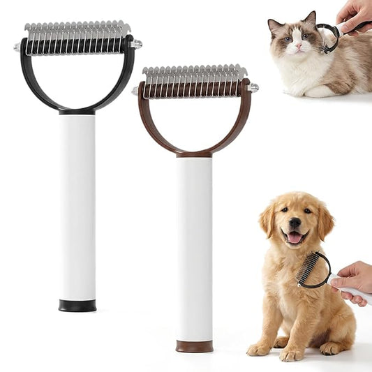 Double Sided Dematting Comb for Dogs Cats, 2026 New 2-in-1 Professional Pet Dematting, Deshedding Brush with Metal Comb for Detangling and Dematting Long (Black+Brown)