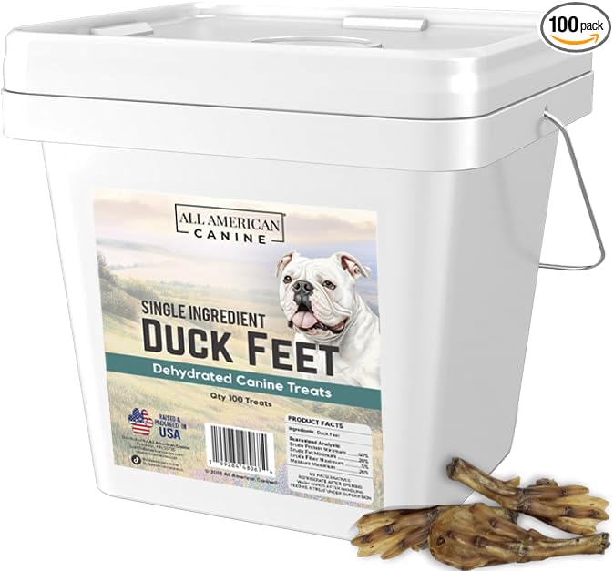 All American Canine 100 Natural Duck Feet Dog Treats– Single Ingredient, Dehydrated & Digestible – Crunchy, Low-Fat, High-Protein Chew for Joint Support & Dental Health – Made in USA