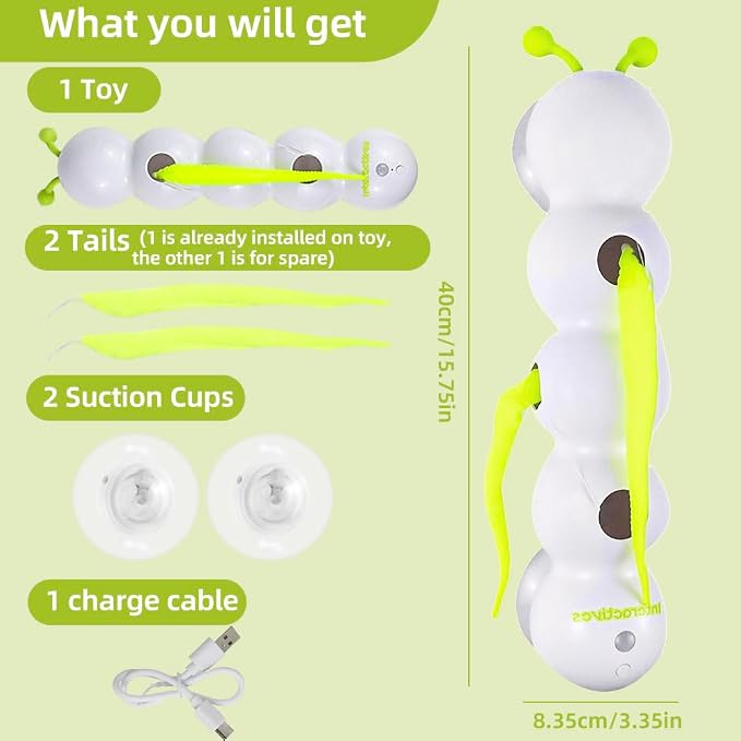 Cat Toys Interactive Feather, Caterpillar Cat Toy Automatic Fluffy Tail Teaser with Motion Sensor, Cat Worm Toy Suction Cup for Stable Play Reduce Boredom, USB Rechargeable, Perfect for Indoor Cats