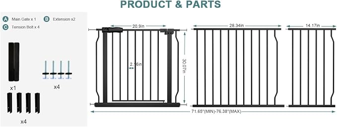 Baby Gates Extra Wide 71.65-76.38 Inch Large Baby Gates for Stairs Tension Pet Dog Gates Indoor for Doorways, No Drilling Pressure Mounted Pet Gates for Kids