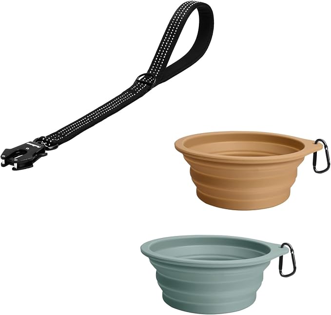 PetBonus Heavy Duty 24 Inch Short Dog Leash and 2-Pack Silicone Collapsible Dog Bowls