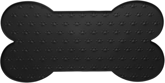 Dog Food Mat, 20x10 Inch Silicone Pet Feeding Mat Non-Slip Bone Shaped Waterproof Dog Water Bowl Tray Raised Edge Protects Floors (Black), Intended for Pets Bowl/Fountain