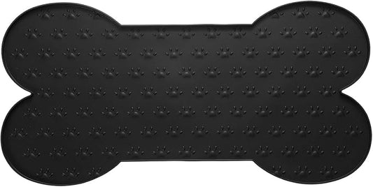 Dog Food Mat, 20x10 Inch Silicone Pet Feeding Mat Non-Slip Bone Shaped Waterproof Dog Water Bowl Tray Raised Edge Protects Floors (Black), Intended for Pets Bowl/Fountain