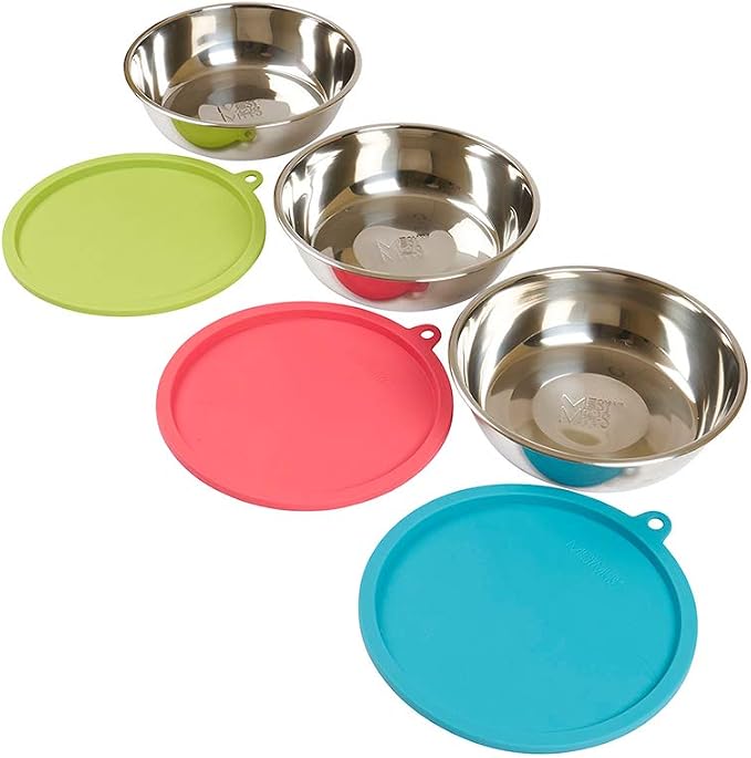 Messy Mutts 6-Piece Set | Three Stainless Steel Bowls and Three Colorful Silicone Lids | Sealable Travel Containers | Portable Food/Water Dishes for Pets | Large, 3 Cups