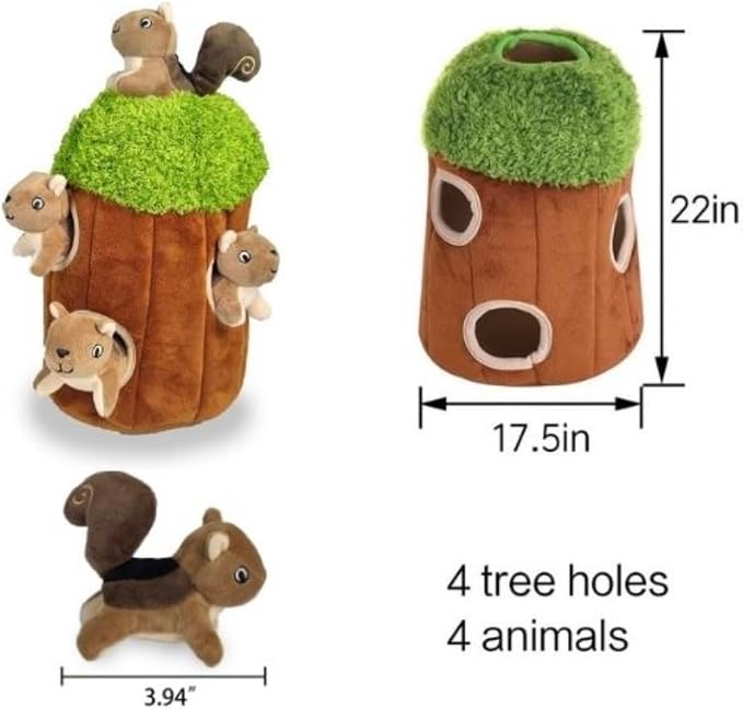Glow Pups Squirrel in Tree Hide and Seek Plush Squirrel Inside Trunk Interactive Burrow Dog Toy for Small and Medium Size Dogs, Tree with Squirrels