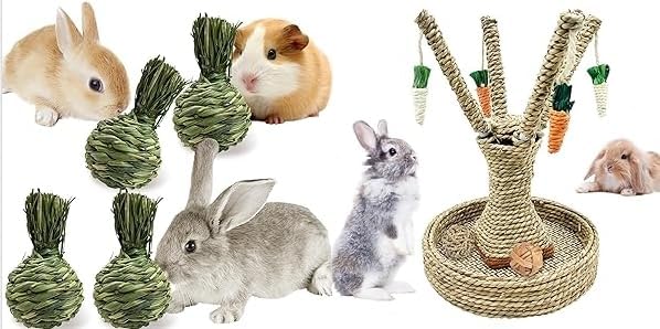 Hamiledyi Bunny Chew Toys Rabbit Rattan Grass Scratcher Climbing Tree Fun Tree Carrot Play Toys 4 Pcs Rabbit Chew Ball Timothy Grass Ball Small Animal Activity Play Chew Toys Teeth Grinding