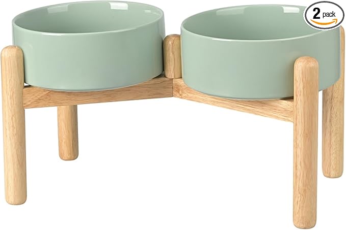 SPUNKYJUNKY Ceramics Elevated Dog Bowls with Wooden Stand Raised Bowl for Medium Large Dog Food and Water Pet Feeding Bowl(Double 60OZ Bowls,Light Green)