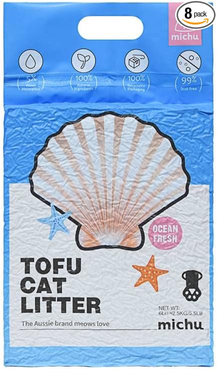 Michu Tofu Cat Litter Natural Clumping Tofu Cat Litter, Fast Clumping and Easily Scoop-able 5.5lb/88oz 5 Scents - Ocean Fresh, 8 Pack